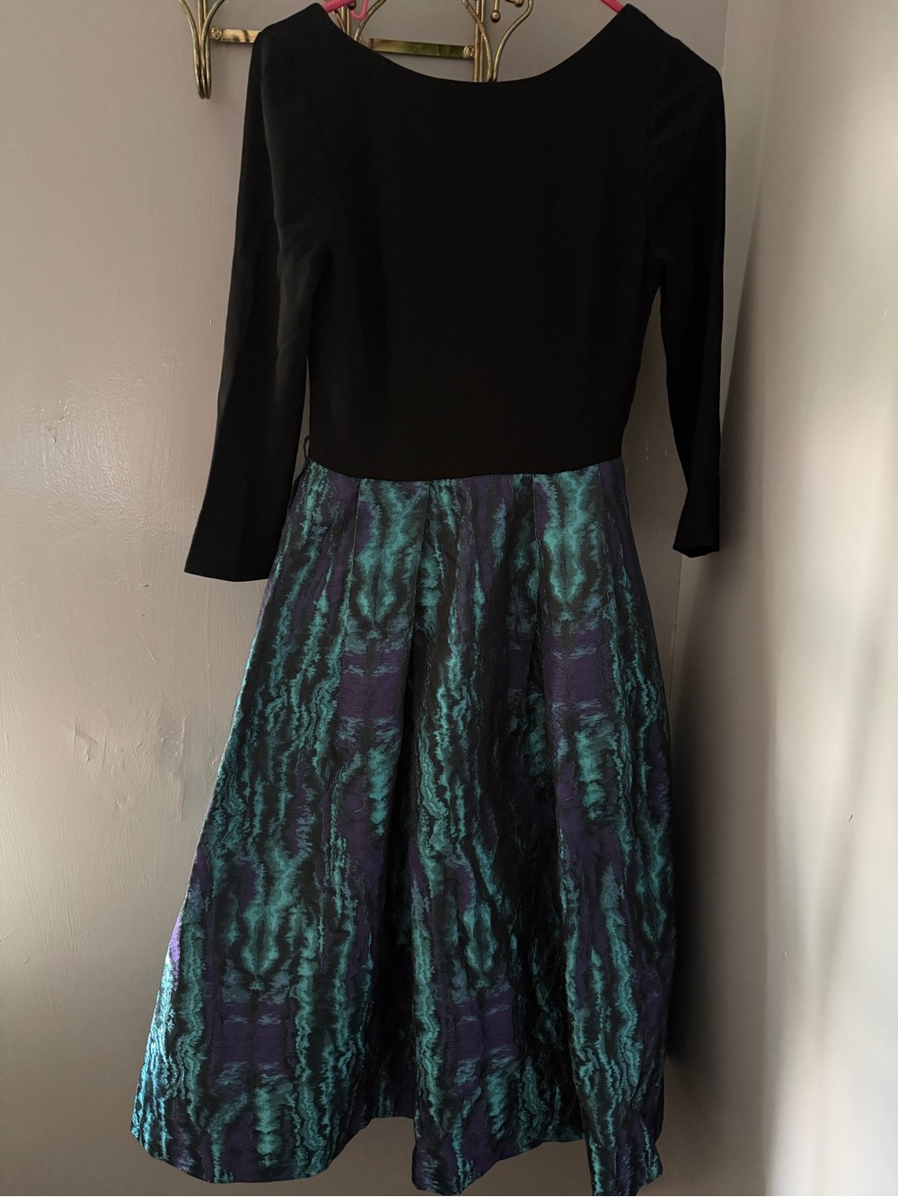 Theia Black Bodice with Teal and Purple Jacquard A-Line Dress